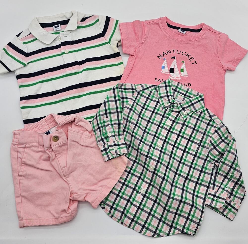 Janie and Jack Boys Size 6-12M 4 Piece Pink and Green Nantucket Sailing Lot